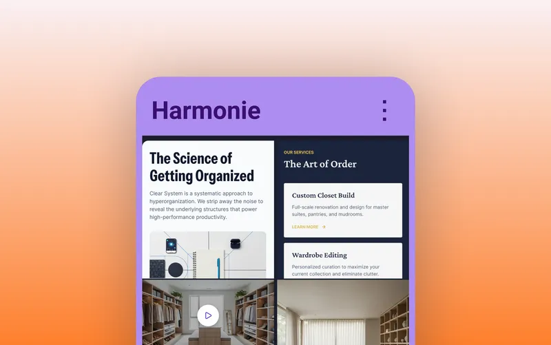 Animation, in der mehrere Browser-Tabs auf einem Mobilgerät zu einer Tabgruppe zusammengeführt werden. Die Tabs werden per Drag-and-drop gruppiert und bilden eine neue Tabgruppe mit dem Namen „Harmony“.