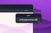 Firefox-Grafik mit geöffnetem VPN-Menü in der Browser-Symbolleiste, wobei „Unlimited GB“ hervorgehoben ist.