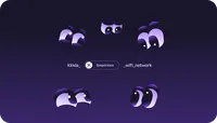 Four pairs of cartoon eyes looking in different directions on a dark purple background, with small symbols between them.