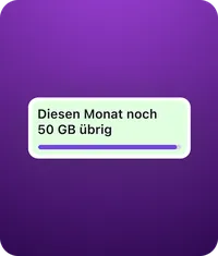 Anzeige des verbleibenden Datenvolumens: „Diesen Monat noch 50 GB übrig“ mit Fortschrittsbalken.