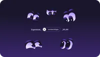 Vier gezeichnete Augenpaare blicken in unterschiedliche Richtungen vor einem dunkelvioletten Hintergrund. Dazwischen sind kleine Symbole zu sehen.