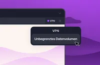 Firefox-Browser mit dem Menü von Mozilla VPN und der Option „Unbegrenztes Datenvolumen“.