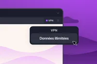 Fenêtre de Firefox affichant le menu de Mozilla VPN avec l’option « Données illimitées ».
