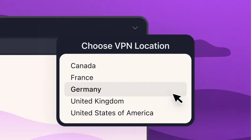 Eine kurze Mozilla VPN-Werbeanimation stellt sicheres Surfen mit Firefox vor. Die Animation zeigt eine Browser- oder Geräteoberfläche mit visuellen Elementen wie einem VPN-Schutzschild, einer geschützten Verbindung und verschlüsselten Netzwerkpfaden. Außerdem wird die Möglichkeit gezeigt, einen VPN-Serverstandort auszuwählen, sodass Nutzer ihre Region einfach ändern können, um mehr Privatsphäre, Sicherheit oder flexibleren Zugriff auf Inhalte zu erhalten. Die Elemente bewegen sich flüssig und vermitteln Einfachheit sowie Kontrolle, während der visuelle Stil sauber, modern und leicht bleibt – passend zur Markenidentität von Mozilla.