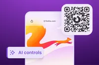 Firefox graphic showing AI Controls alongside a QR code, highlighting tools that help manage AI interactions and browsing preferences across devices.