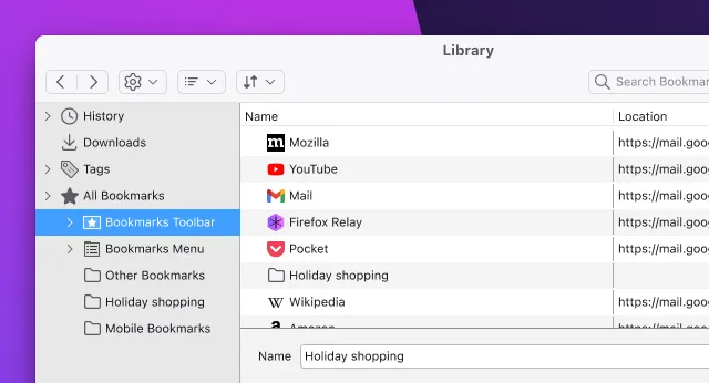 Image of the bookmark manager window in Firefox.