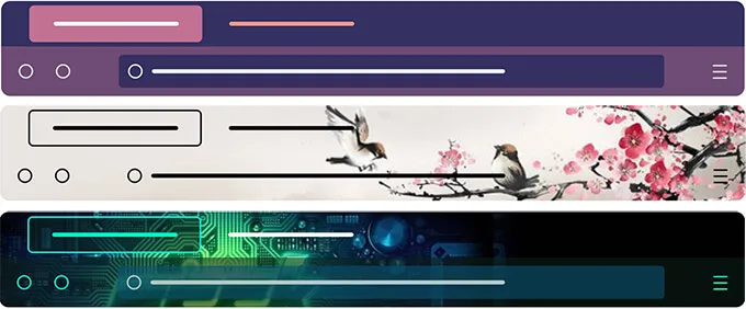 Image of three custom Firefox themes: a dark purple and pink theme with white and orange accents, a light beige theme featuring a watercolor painting of birds and cherry blossoms, and a dark black and green theme featuring a high-tech circuitry pattern.