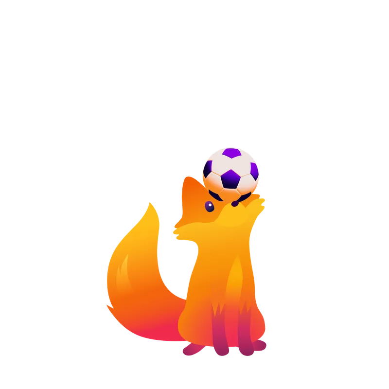 Animation featuring Kit, the Firefox mascot, spinning an animated soccer ball on Kit's nose beside a live match score widget.