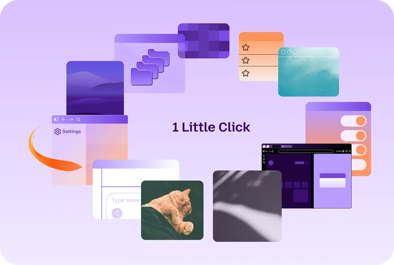 Animation of browser windows, folders, bookmarks, settings, and photos surround the words “1 Little Click.”