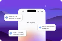 A phone displays an “Ask anything” prompt, surrounded by voice questions about activities in Lisbon, tomorrow’s weather, and travel cameras.