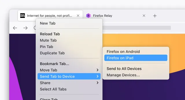 An image of a Firefox application menu highlighting the "Send Tab to Device" option.