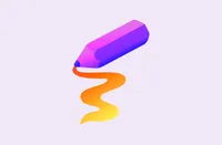 Un feutre violet traçant une ligne ondulée orange et jaune sur un fond mauve clair.