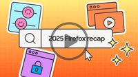 Illustration titled ‘2025 Firefox recap’ with a play button and cursor, surrounded by browser-style icons representing search, media playback, privacy, and security features.