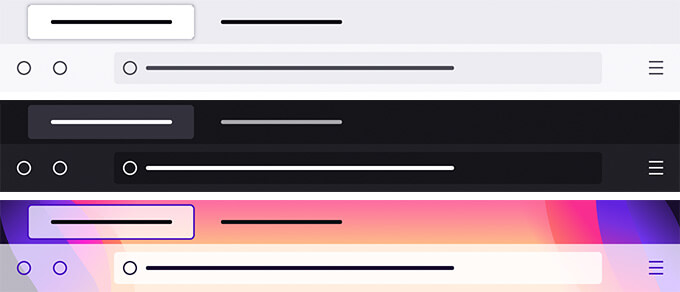 Imagine del themas predefinite fornite con Firefox, monstrante variationes clar, obscur e multicolor.