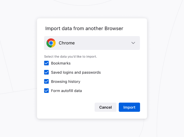 Firefox 导入向导对话框的图片,显示了从其他浏览器导入设置和数据的选项。