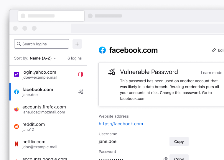 Firefox 密码管理器的图片,显示着“此密码已用于另一个可能已遭外泄的账户。重复使用登录信息会使您的所有账户面临风险。请更改此密码。”字样的警报消息。