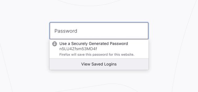 Firefox 注册表单的图片,显示着建议生成强密码并自动存储以备将来使用。