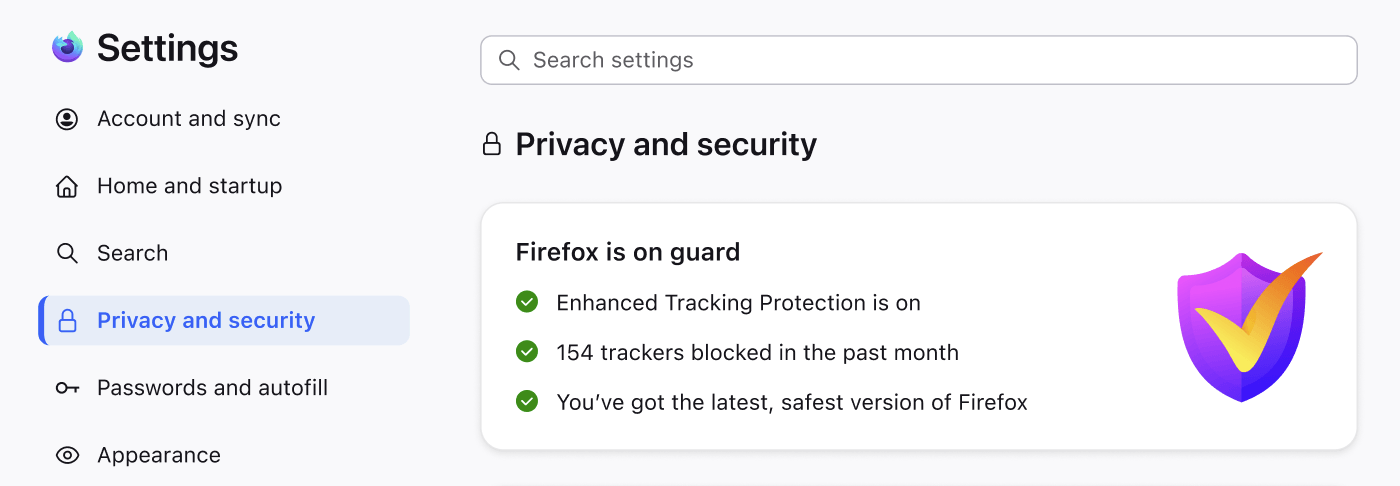 Screenshot of redesigned Firefox Settings