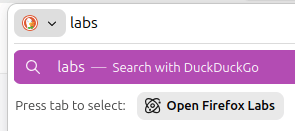 Screenshot of the Firefox Labs quick action being triggered from the address bar