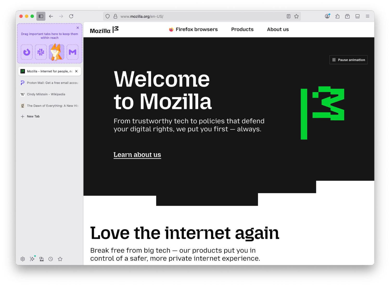 Screenshot showing the drag and drop area for pinning tabs