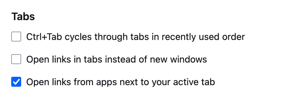 A screenshot of the Open links from apps  option in preferences