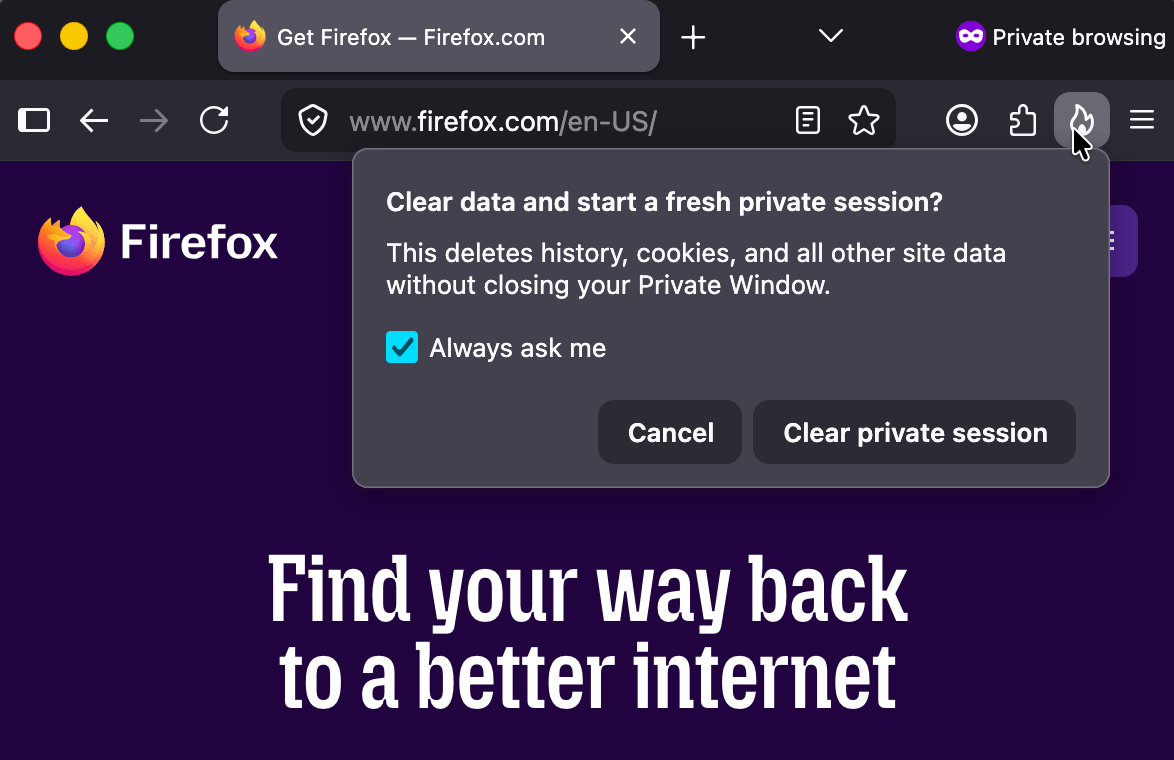 image showing the clear data in Private Browsing Mode 