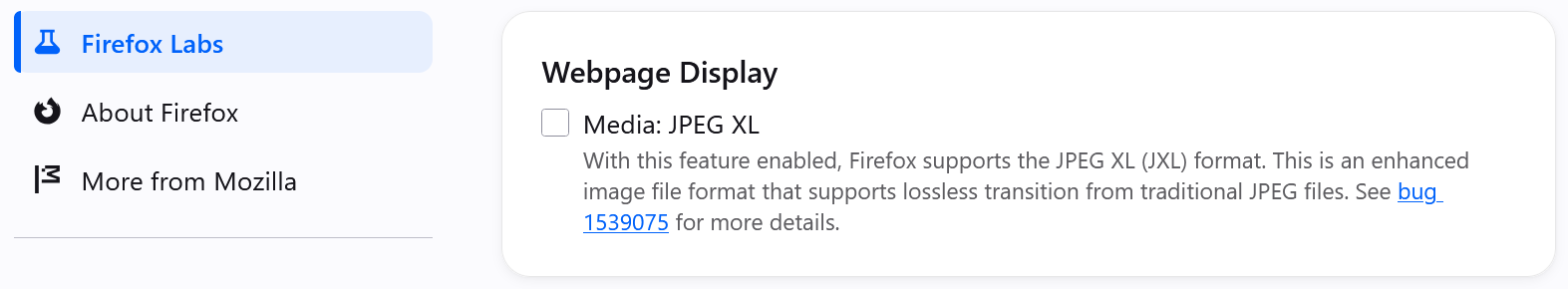 Screenshot showing JPEG XL in Firefox Labs