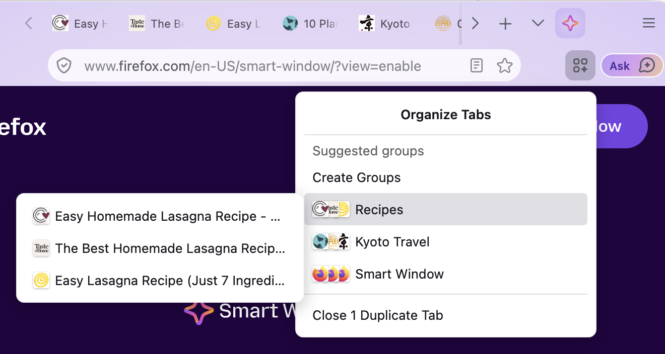 Screenshot of organized tabs in Smart Window