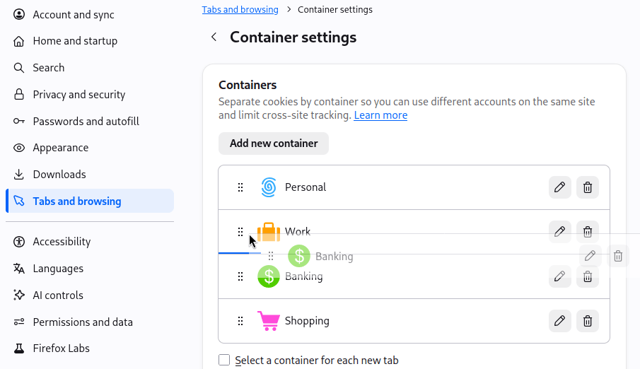 Screenshot showing a container being dragged for reordering in the settings