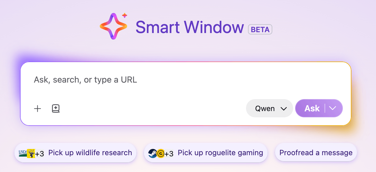 Screenshot of Smart Window resume conversation helpers
