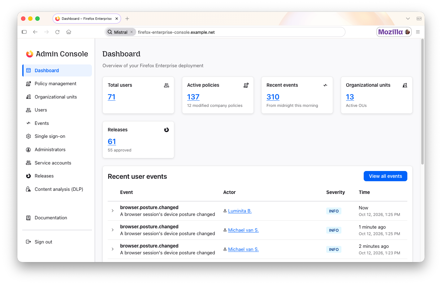 Firefox Enterprise Admin Console showing an example of browser fleet management