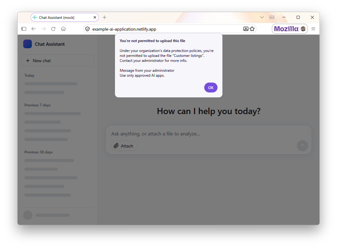 Firefox Enterprise browser with a built-in DLP rule preventing a file upload on a restricted domain